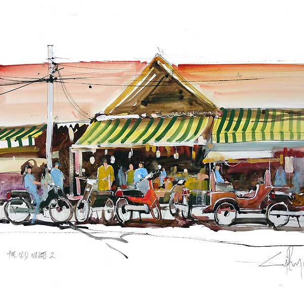 old market siem reap, watercolour sketch, painting holidays tour, 